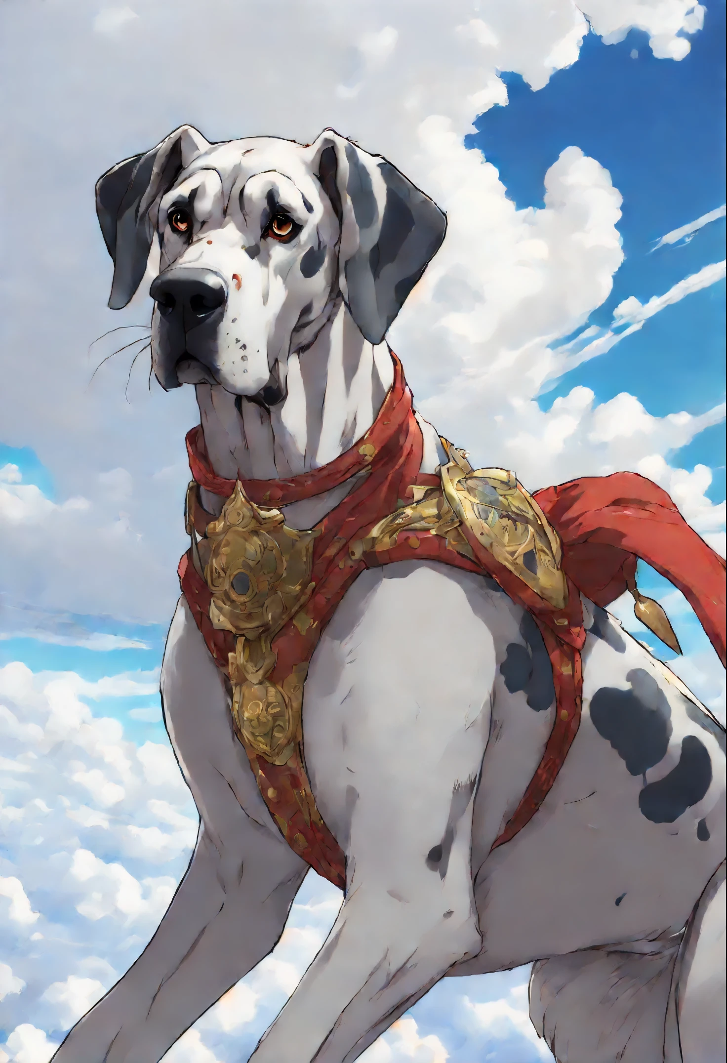 close-up of Great Dane dog walking on the clouds, fluffy clouds, shaggy clouds, casimir art, shigenori soejima illustration, boris valejo. Great Dane dog, detailed anime character art, detailed key anime art, Granblue Fantasy, scary Santa Claus in the art of the demon slayer, Taisho Roman, crisp clear rpg portrait, Masamune Shiro, key anime art