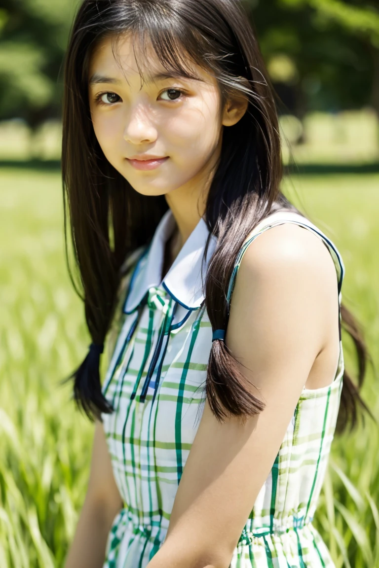 Beautiful girl wearing a collared summer dress、sixteen years old、japanes、Wheat-colored The skin、heavy wind、Black hair long hair、少し日焼けしたThe skin、Black、
