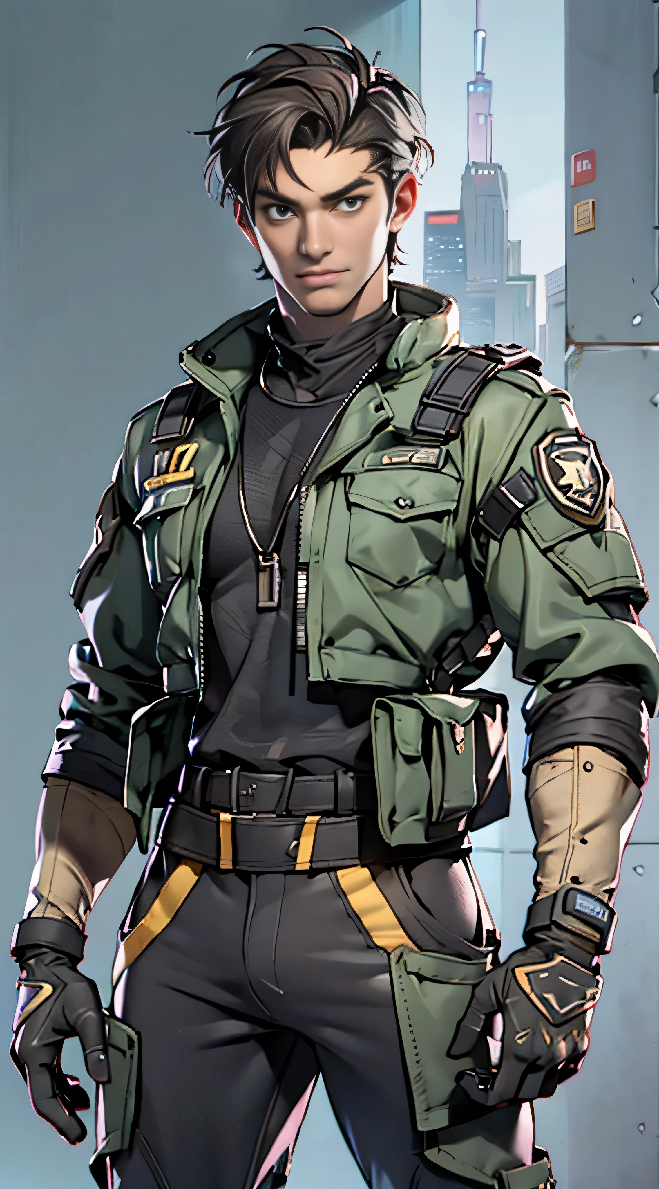 11:23(((Best quality at best: 1.4))),(Unbeatable masterpiece), (hyper HD),(Hyper-realistic 8k CG)、(dark colored hair) ((( body))), (((1 young person))),35-year-old American soldier with perfect body,,delicated face,muscular body:1.2,Solid royal gray jacket with details, (Pictures from head to thighs), Complex equipment, Dark purple coat,long trousers,The clothes inside are dark,Clothes with metal technical parts,Tech Armor )