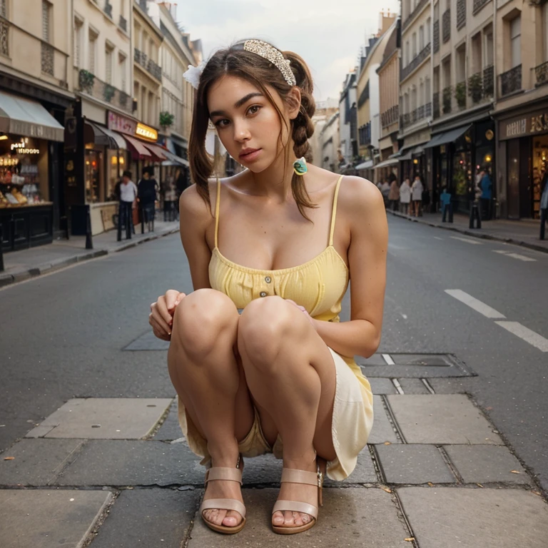 the entire body from head to toe is recommended, a woman with brown hair in a street ,:: ,:: madison beer, streaming, pigtail, photorealistic - , 🎀 🧟 🍓 🧚, see, live2d, looks like laura barriales, —ar 9:16, sam nassour, 5 0 s, insanely cute, frontal close up, in paris (France) , straight eyebrows and long yellow dress And white basket on the feet