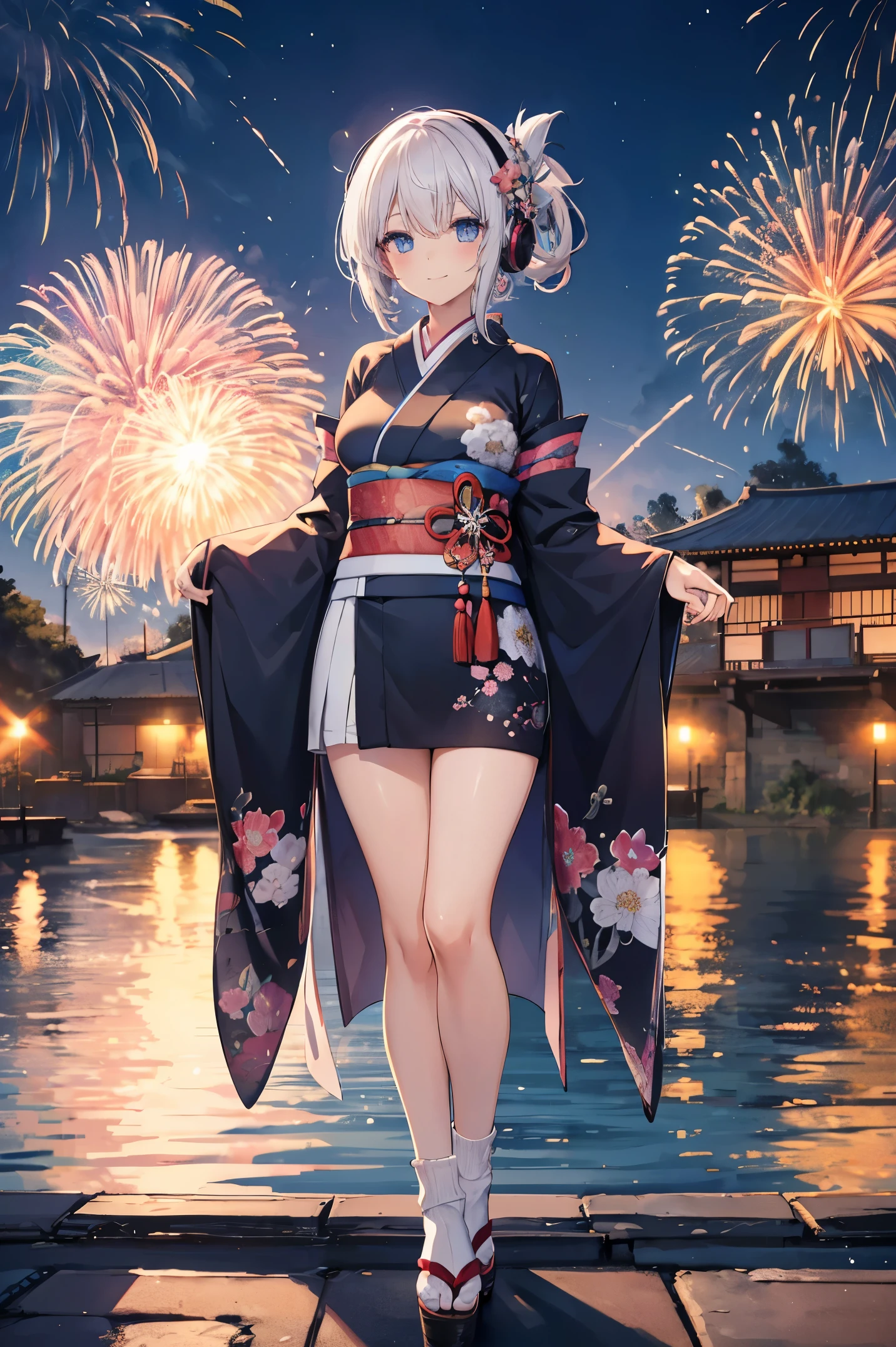 "anime girl, 1 person, silver white hair mixed with black, blue eyes, wearing headphones, women's kimono, same kimono, big breasts, holding cotton candy, long socks, standing cross-legged, shy smile, festival, New Year's Eve fireworks, watch fireworks, solo(full HD Image 4K+)"