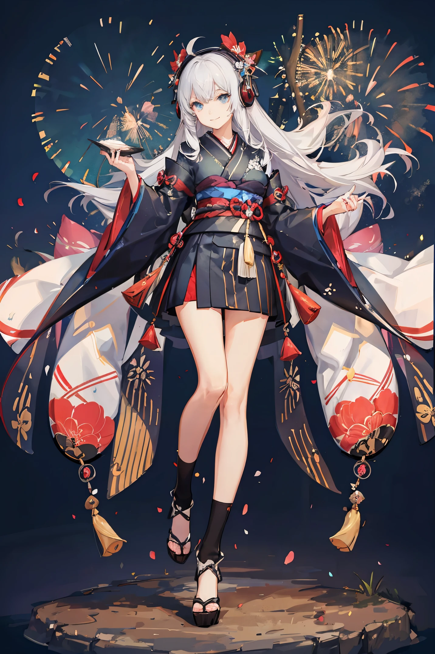 "anime girl, 1 person, silver white hair mixed with black, blue eyes, wearing headphones, women's kimono, same kimono, big breasts, holding cotton candy, long socks, standing cross-legged, shy smile, festival, New Year's Eve fireworks, watch fireworks, solo(full HD Image 4K+)"