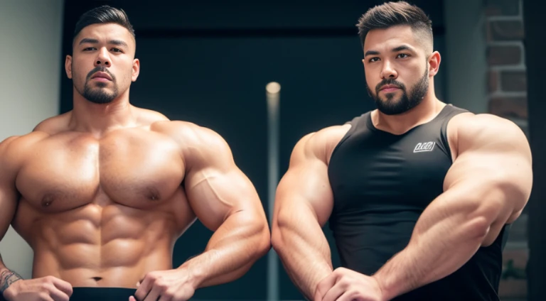 (Very detailed 8k wallpaper), two asian men, muscle worship, arms folded, On the playground, high detailing, buzzcut, very large and strong body, bulging muscles, well-muscled, very large pectoral muscles. Very sexy abs, legs are well-muscledの, Toned figure, lightens oily skin, well-muscledの, Tank top, T-shirt, longshot, Wide Shot