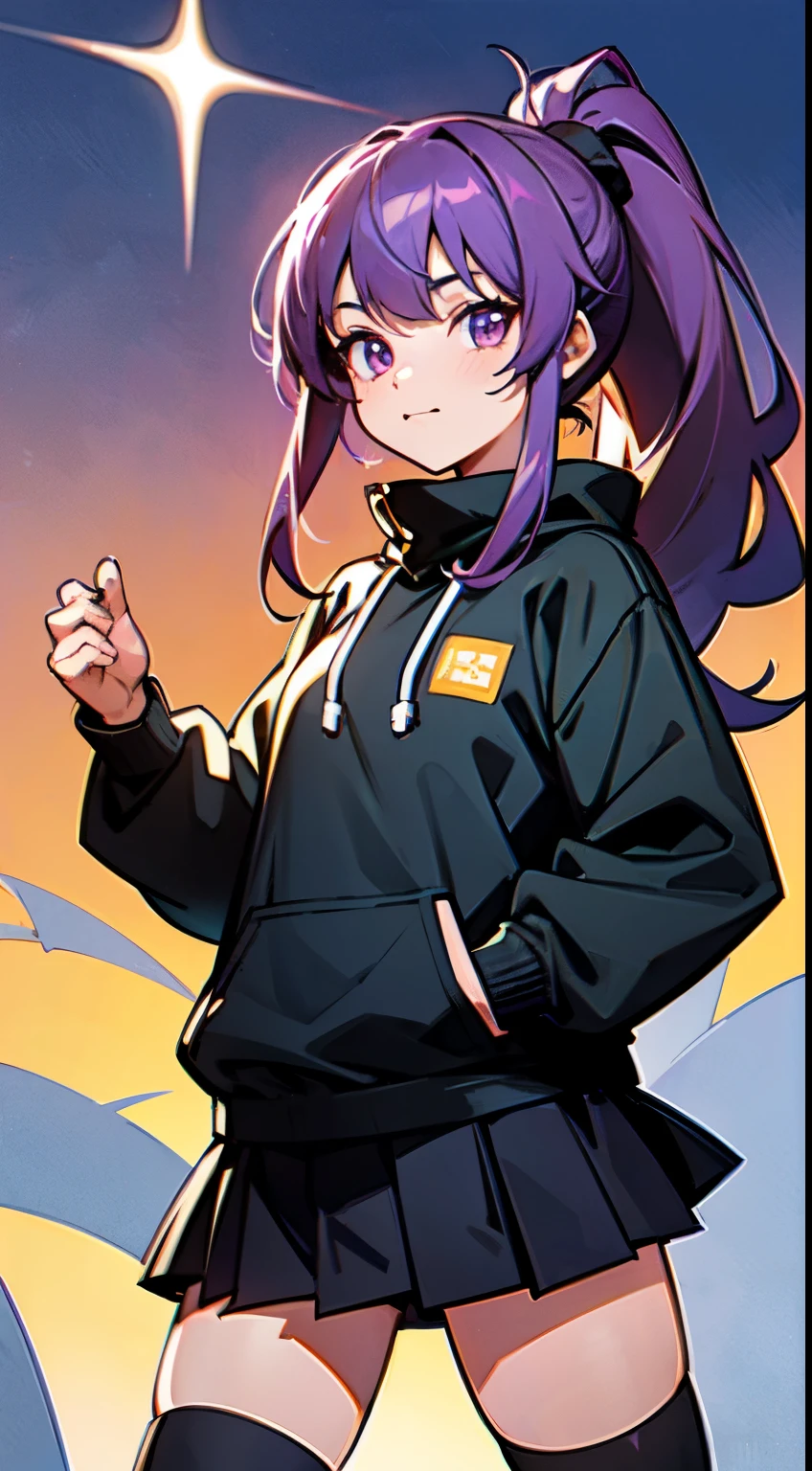 grass field，the sunset，Long purple hair，Purple eye，Black sweatshirt，laughingly，8K分辨率，a black pleated skirt，black over-the-knee socklack Martin boots，High ponytail