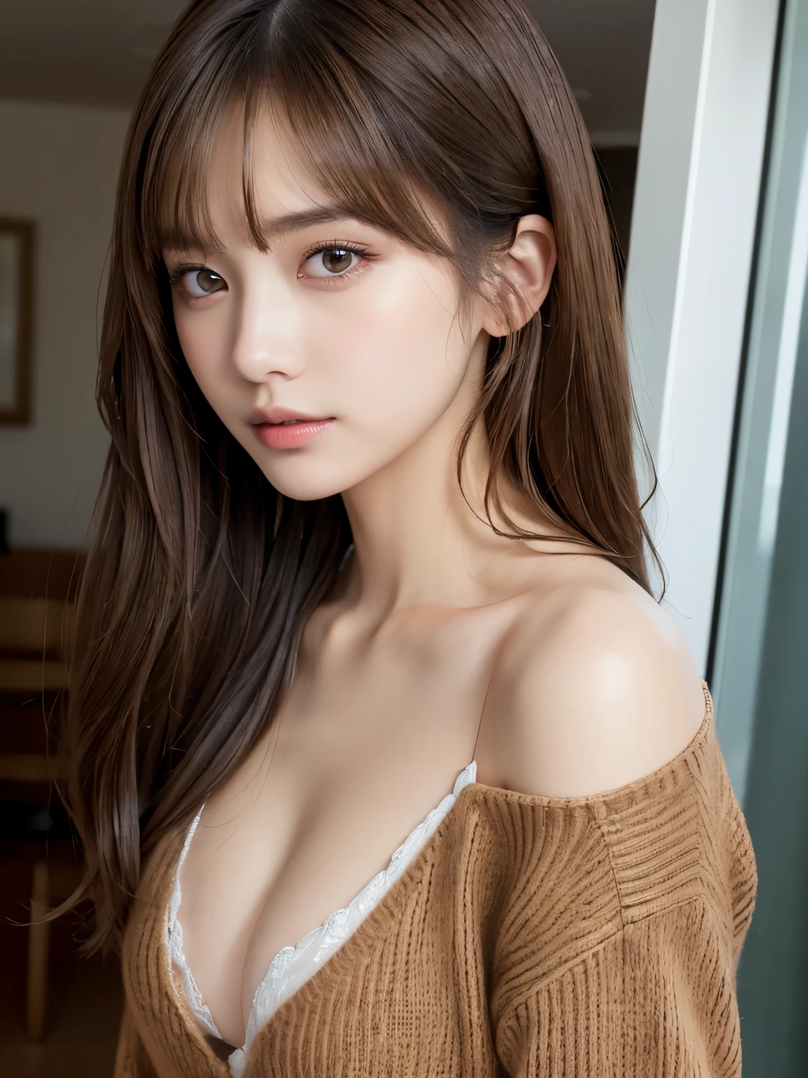 (masuter piece:1.3)、(8K、Photorealsitic、Raw photography、top-quality: 1.4)、(1girl in)、美丽的面容、(Lifelike face)、(Brown hair:1.5)、(Medium Hair)、Beautiful hairstyle、（One eye is hidden by bangs：1.2）、beatiful detailed eyes、（real looking skin）、Beautiful skins、（Sweaters）、absurderes、enticing、超A high resolution、A hyper-realistic、high-detail、the golden ratio