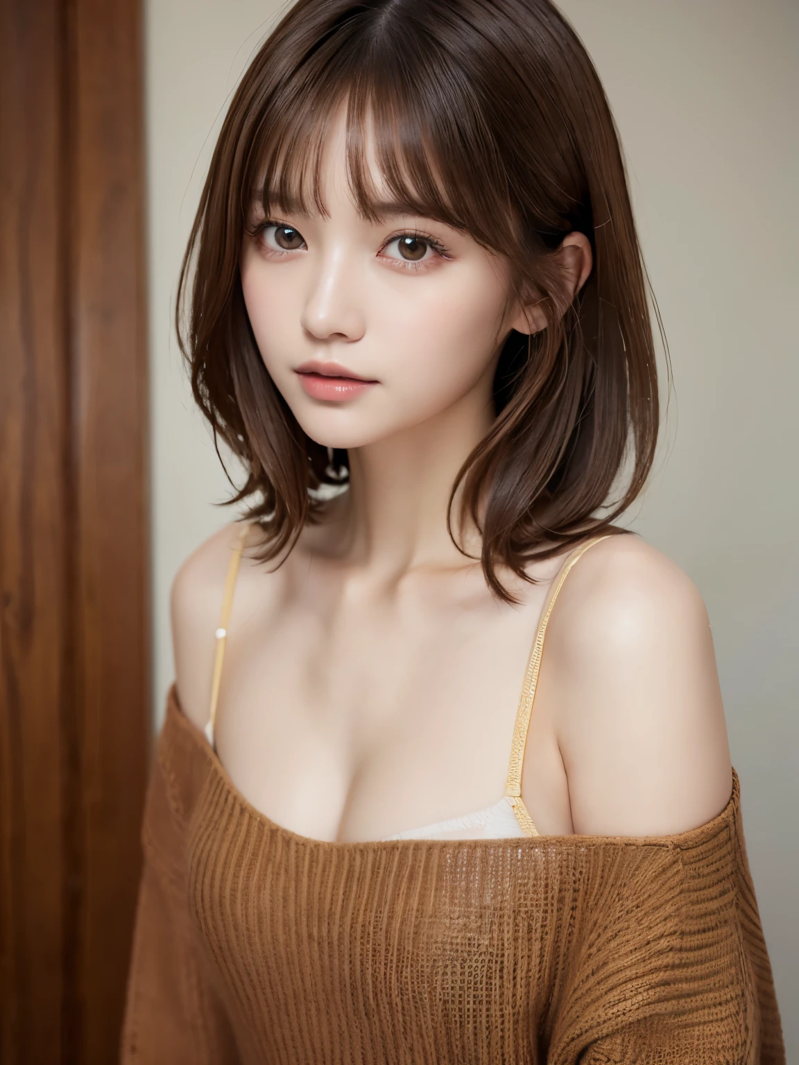 (masuter piece:1.3)、(8K、Photorealsitic、Raw photography、top-quality: 1.4)、(1girl in)、美丽的面容、(Lifelike face)、(Brown hair:1.5)、(Medium Hair)、Beautiful hairstyle、（One eye is hidden by bangs：1.2）、beatiful detailed eyes、（real looking skin）、Beautiful skins、（Sweaters）、absurderes、enticing、超A high resolution、A hyper-realistic、high-detail、the golden ratio