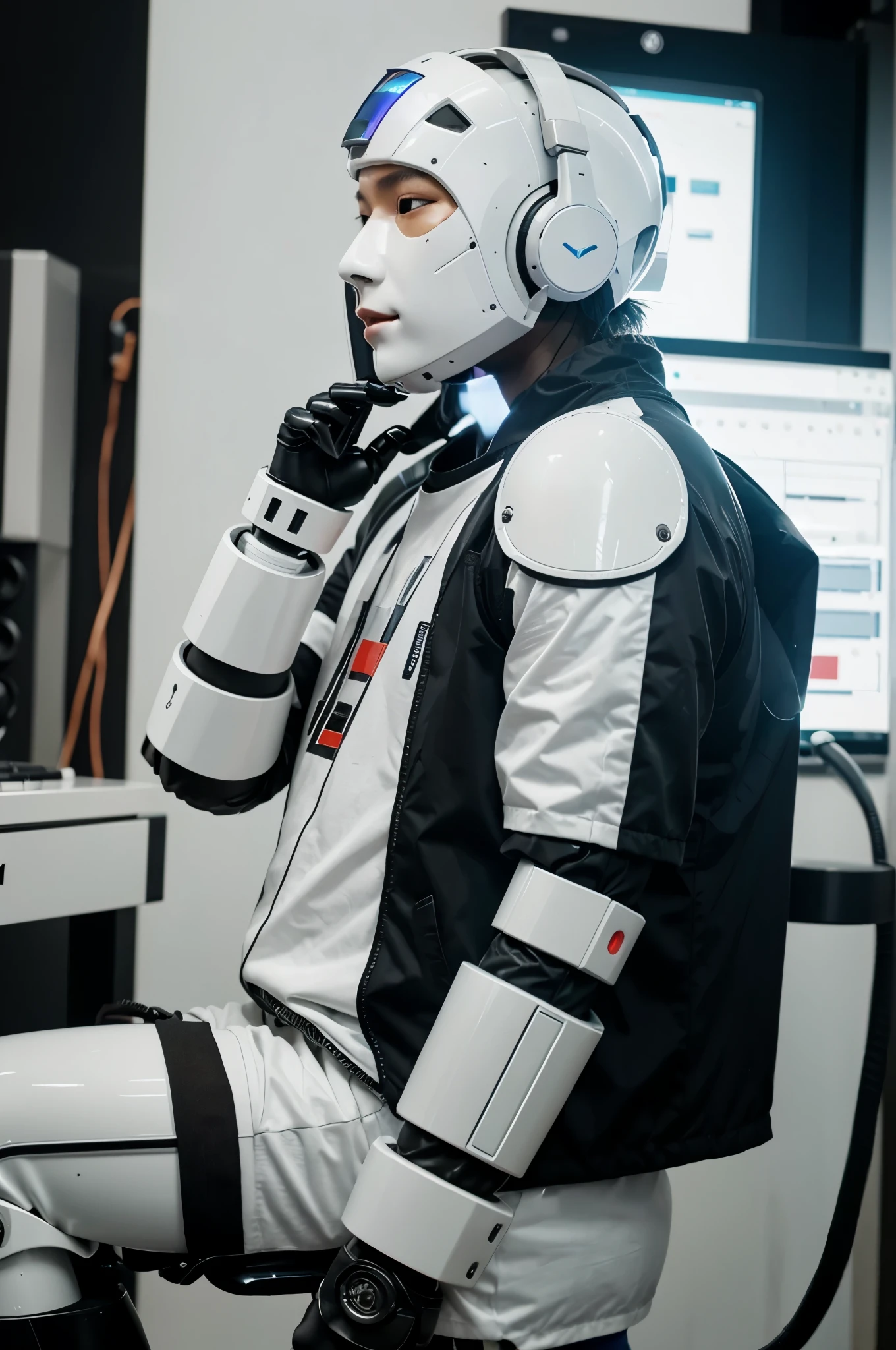 AI robok putting on headphone and creating music. Streaming music. Show the streaming platform
