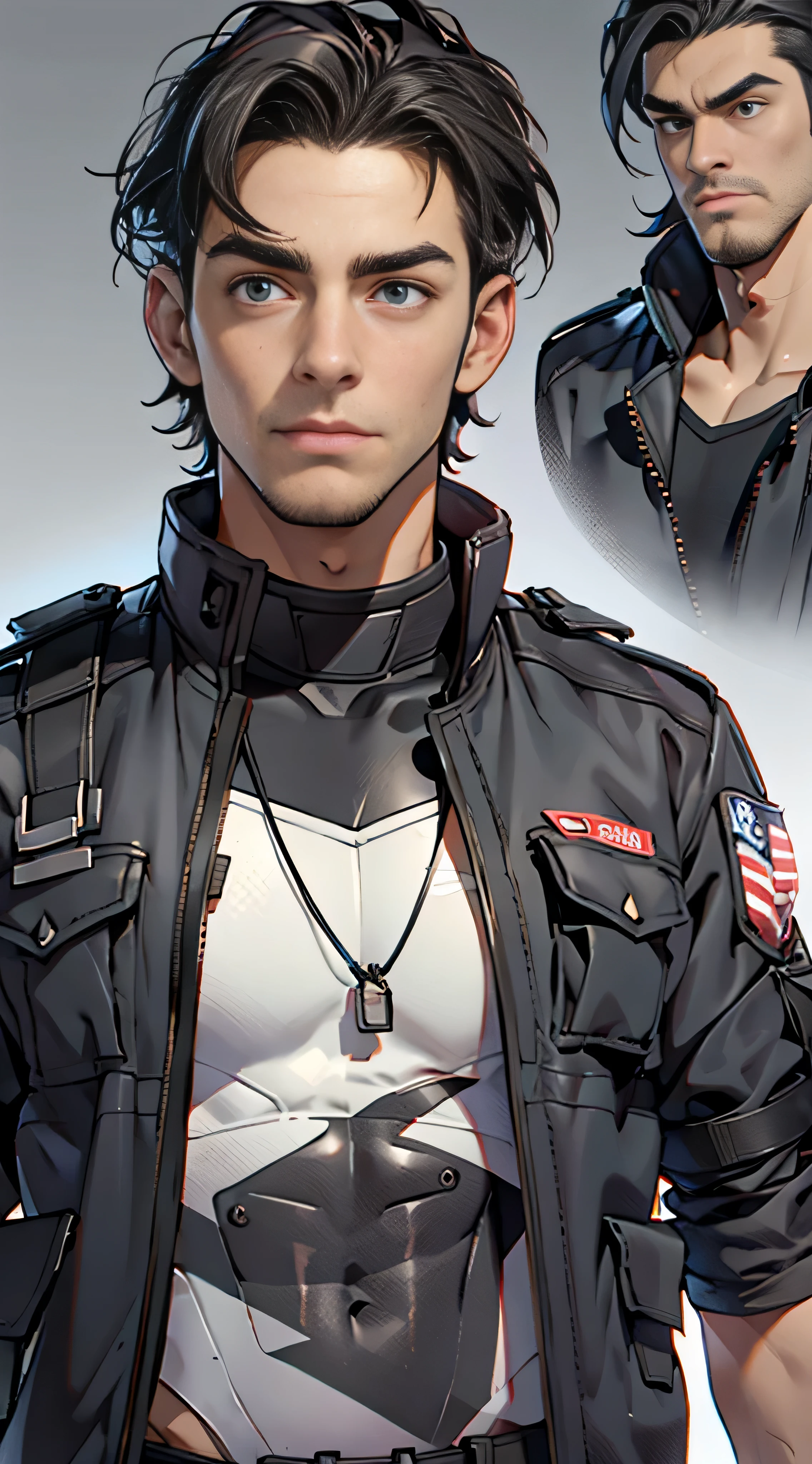 11:23(((Best quality at best: 1.4))),(Unbeatable masterpiece), (hyper HD),(Hyper-realistic 8k CG)、(dark colored hair) ((( body))), (((1 young person))),35-year-old American soldier with perfect body,,delicated face,muscular body:1.2,Solid royal gray jacket with details, (Pictures from head to thighs), Complex equipment, Dark purple coat,long trousers,The clothes inside are dark,Clothes with metal technical parts,Tech Armor )