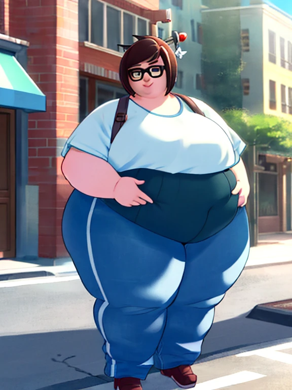 masterpiece, 4K, high quality, portrait, waist up, casual clothes,mei, short hair, hair stick, glasses, gentle smile, city street, sunlight, looking at viewer, best quality, obese body