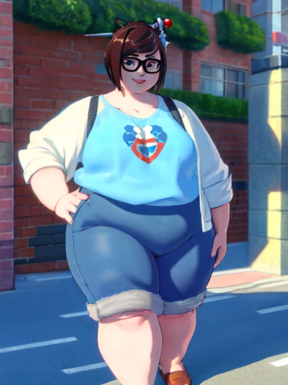 masterpiece, 4K, high quality, portrait, waist up, casual clothes,mei, short hair, hair stick, glasses, gentle smile, city street, sunlight, looking at viewer, best quality, obese body