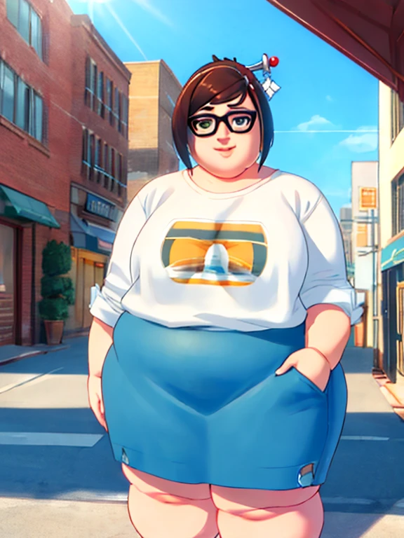 masterpiece, 4K, high quality, portrait, waist up, casual clothes,mei, short hair, hair stick, glasses, gentle smile, city street, sunlight, looking at viewer, best quality, obese body