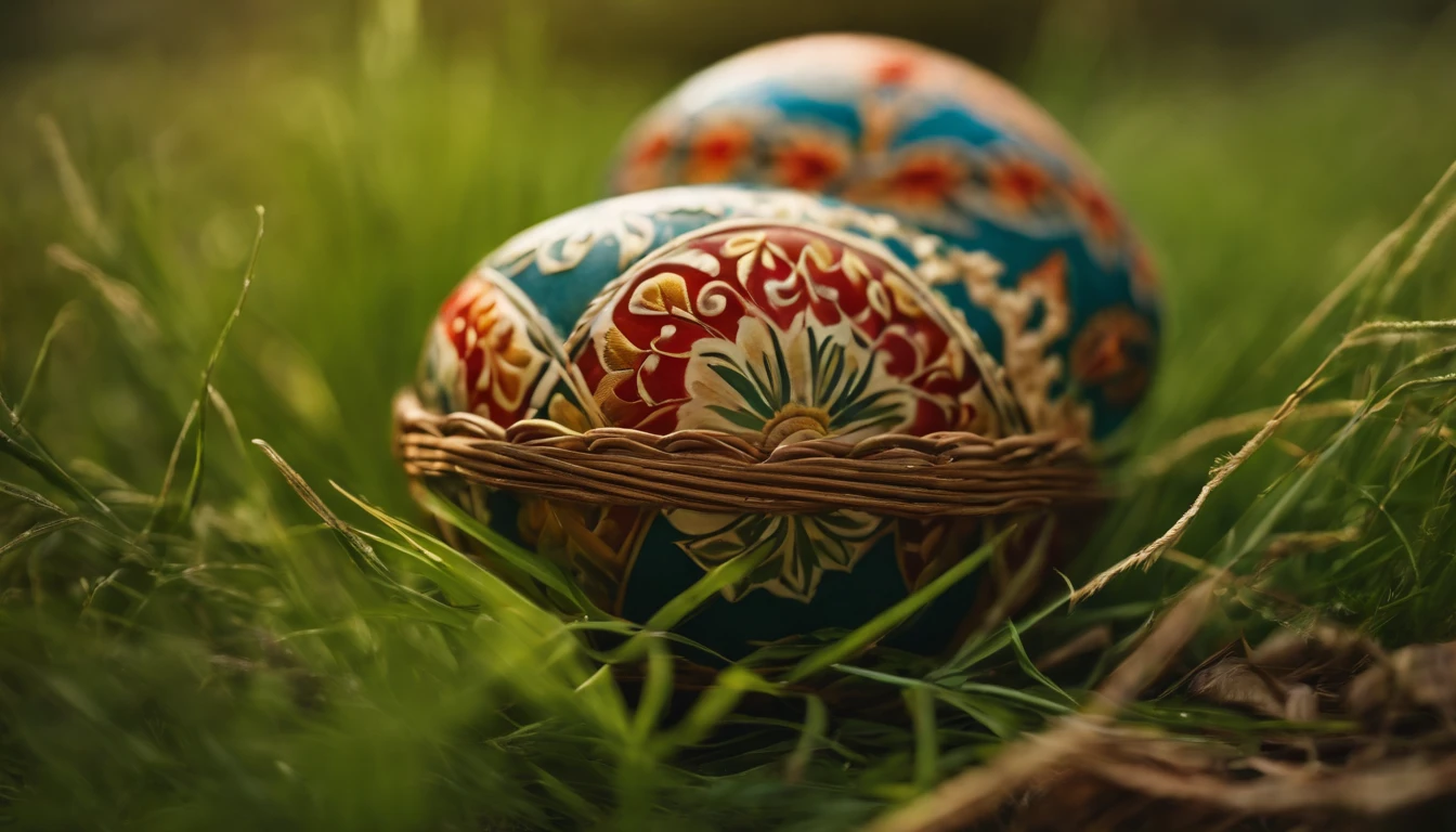 a close-up shot of a beautifully decorated Easter egg nestled in a basket, with the vibrant colors and intricate patterns standing out against the grassy background