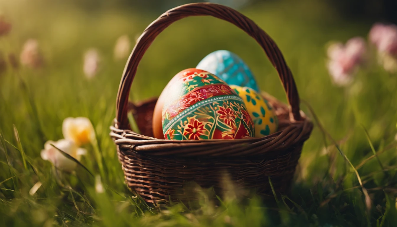 a close-up shot of a beautifully decorated Easter egg nestled in a basket, with the vibrant colors and intricate patterns standing out against the grassy background