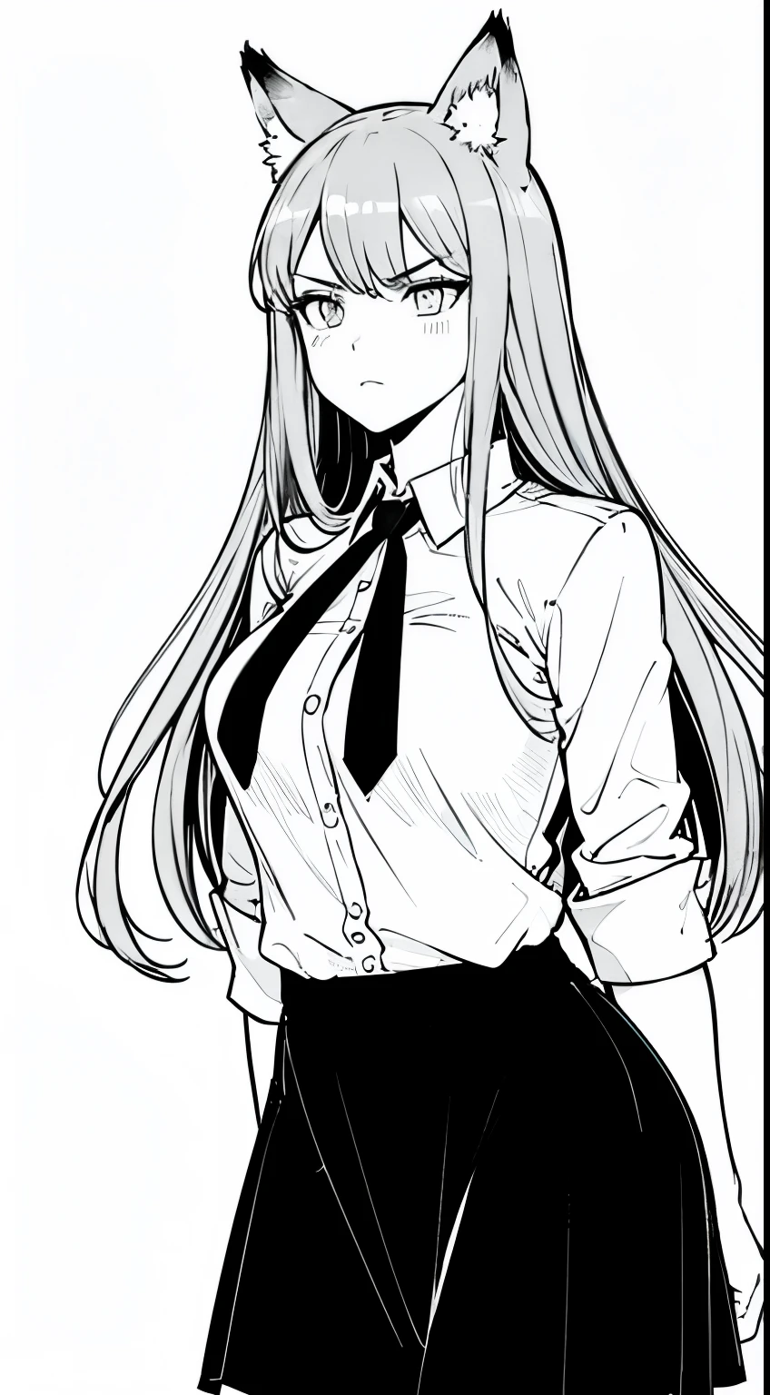 1girl ,20s,angry face,white shirt,black tie,black skirt,gray hair,long hair,fox ears,cowboy shot,standing,(white background, monochrome, line drawing,)