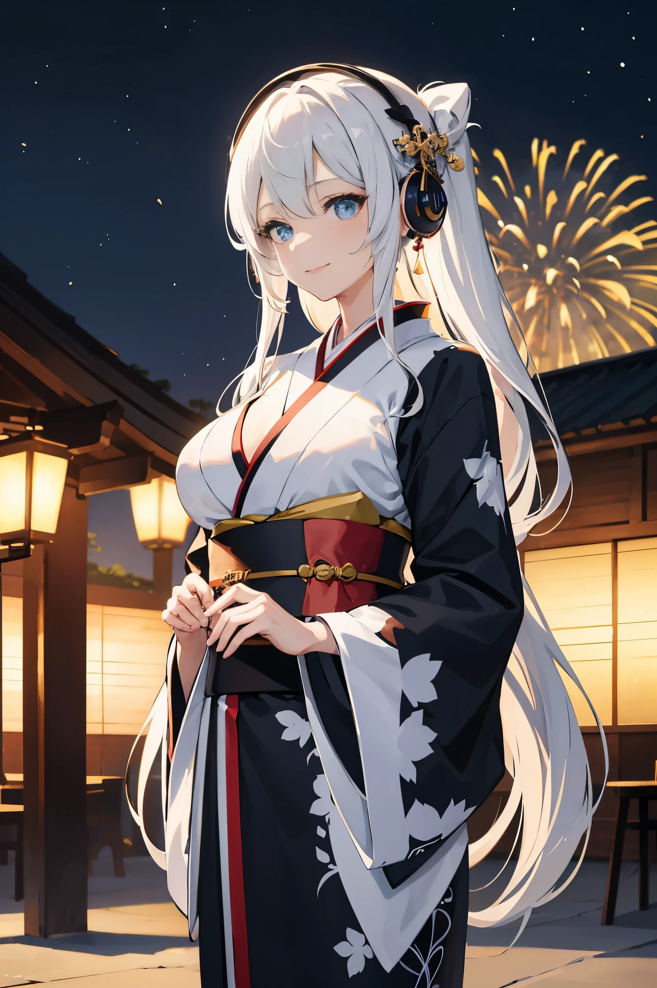 "anime girl, 1 person, silver white hair mixed with black, blue eyes, wearing headphones, wearing a kimono, women's kimono, traditional kimono, detailed outfit, big breasts, white kimono mixed with black, stockings long, standing cross-legged, smiling shyly, looking from many directions, night, festival, New Year's Eve fireworks, watching fireworks, solo(full HD Image 4K+)"