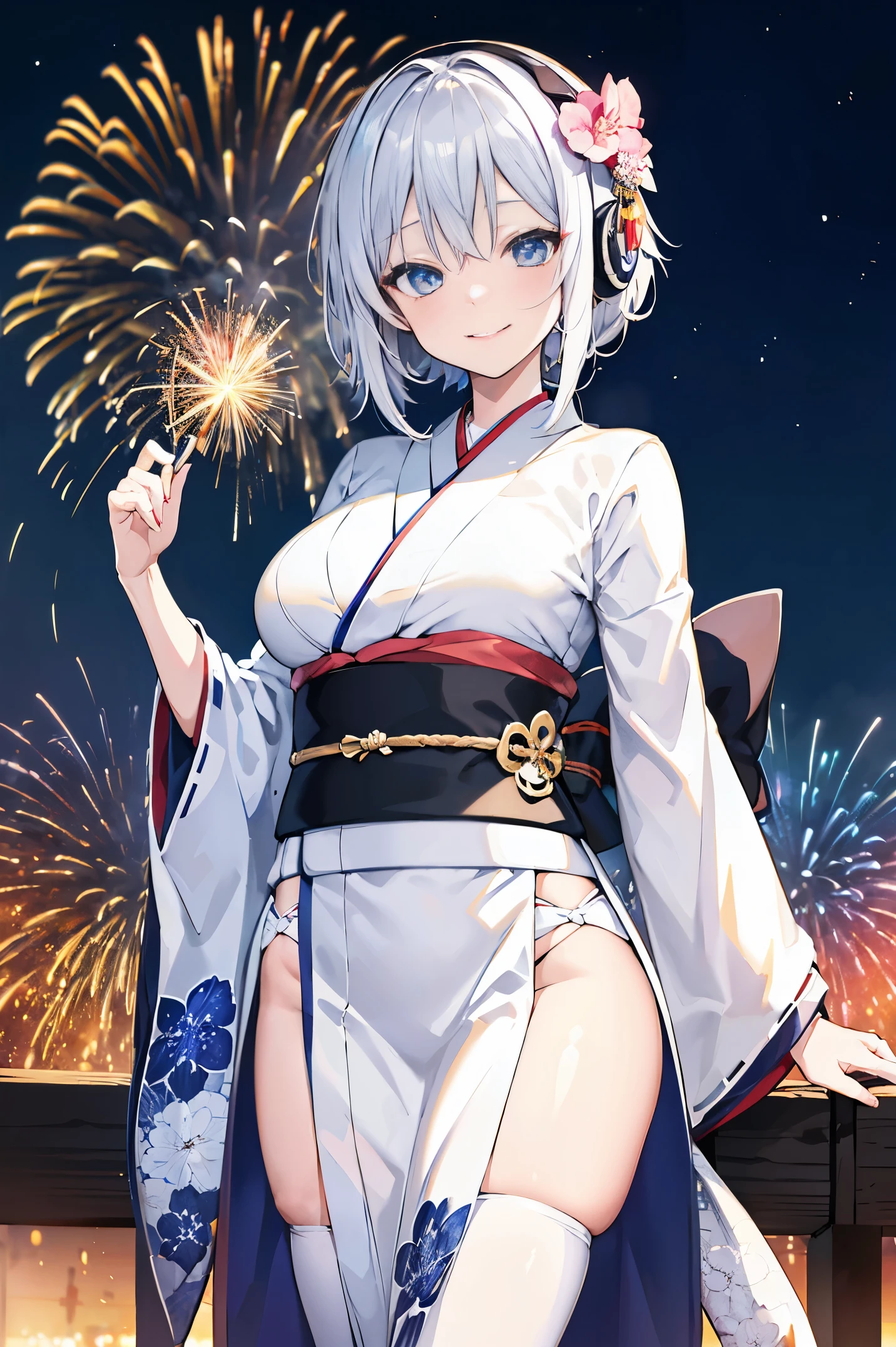 "anime girl, 1 person, silver white hair mixed with black, blue eyes, wearing headphones, wearing a kimono, women's kimono, traditional kimono, detailed outfit, big breasts, white kimono mixed with black, stockings  long, standing cross-legged, smiling shyly, looking from many directions, night, festival, New Year's Eve fireworks, watching fireworks, solo(full HD Image 4K+)"