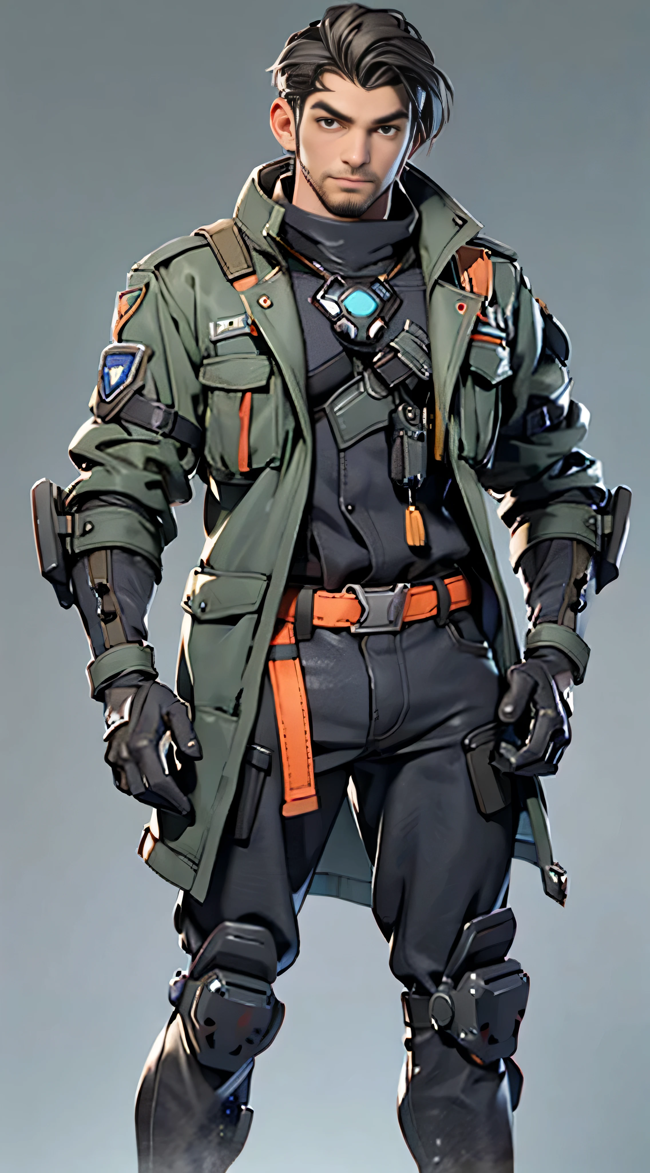 11:23(((Best quality: 1.4))),(Unbeatable masterpiece), (hyper HD),(Hyper-realistic 8k CG)、（dark colored hair） ((( body))), (((1 young person))),35-year-old American soldier with perfect body,,delicated face,muscular body:1.2,Solid royal gray jacket with details, (Pictures from head to thighs)， Complex equipment, Dark purple coat，long trousers，The clothes inside are dark，Clothes with metal technical parts,Tech Armor )