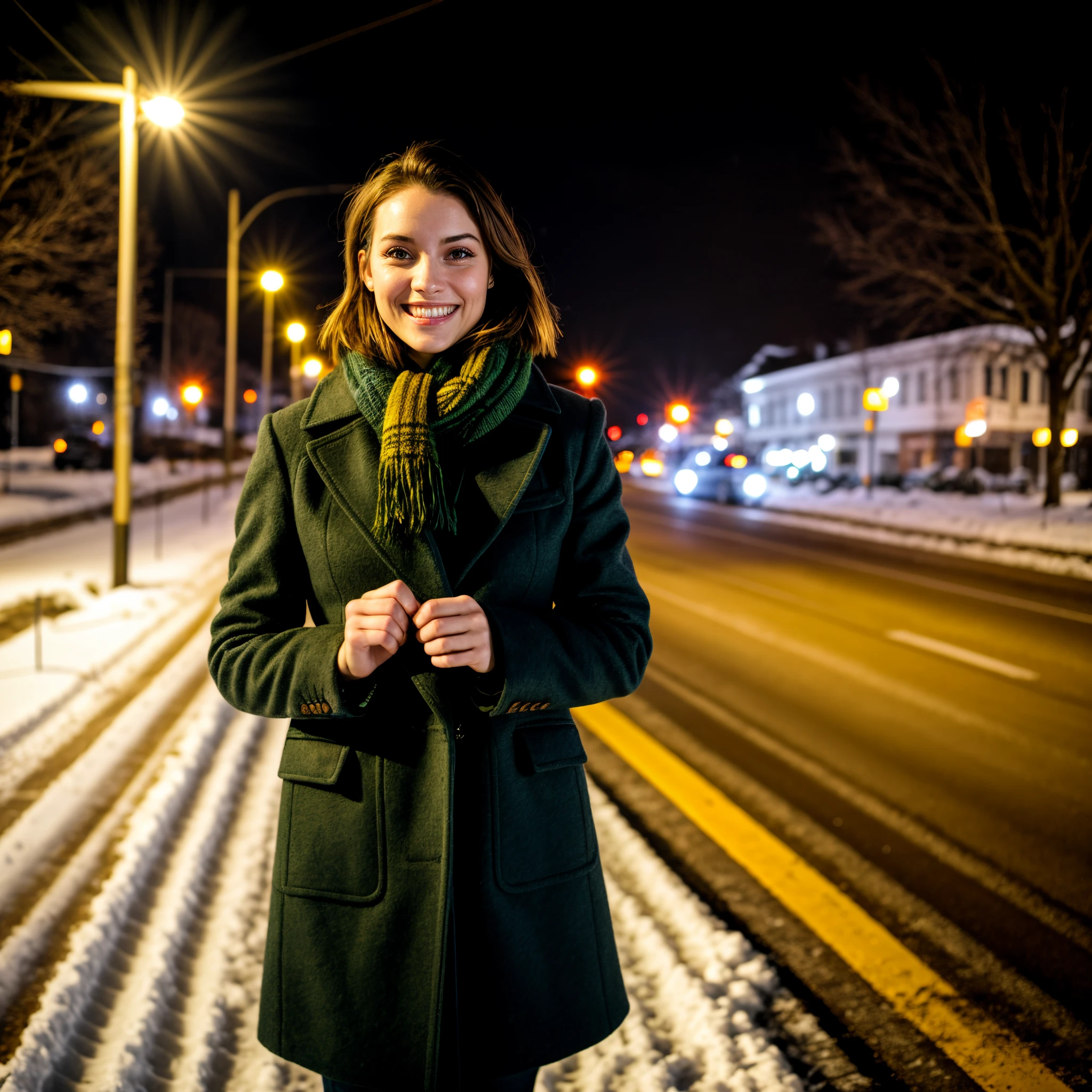Warm temperament, with short brown hair, Gray wool coat, Dark green scarf, Metal boots, Affectionate look, instant smile, in the snow, Cold, Snowy streets, Dead trees on the roadside, under yellow light