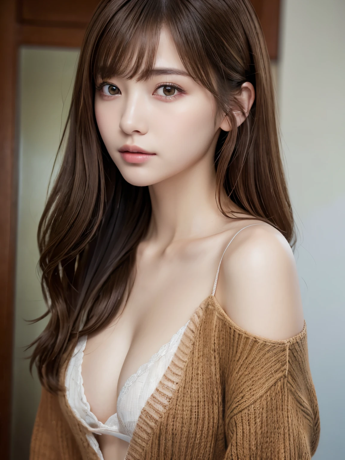(masuter piece:1.3)、(8K、Photorealsitic、Raw photography、top-quality: 1.4)、(1girl in)、美丽的面容、(Lifelike face)、(Brown hair:1.5)、(Medium Hair)、Beautiful hairstyle、(One eye is hidden by bangs:1.2)、frontage、beatiful detailed eyes、(real looking skin)、Beautiful skins、(Sweaters)、absurderes、enticing、超A high resolution、A hyper-realistic、high-detail、the golden ratio
