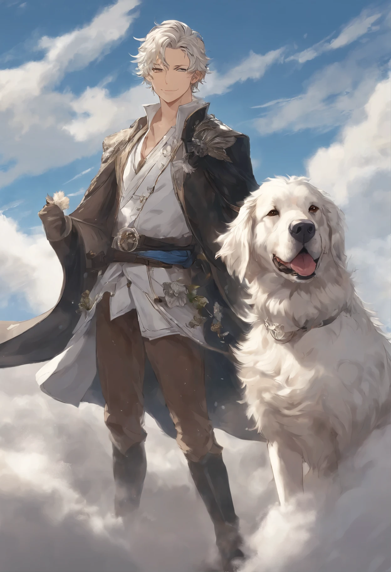 close-up of a dog of the German DRG breed of merle color (white with black spots) hugs a person, A Great Dane dog walks on the clouds, fluffy clouds, casimir art, illustration of shigenori soejima, boris valejo. Smiling Great Dane dog, detailed anime character drawing, подробный anime key figure, Granblue Fantasy, Beautiful owl in demon slayer art, Taisho Roman, Clear RPG portrait, Masamune Shiro, anime key figure