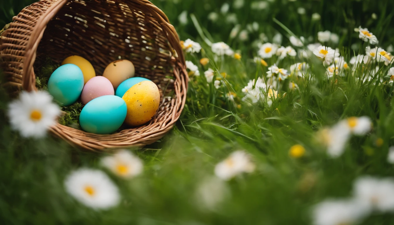 a top-down shot of a basket filled with Easter eggs, surrounded by freshly bloomed flowers and green grass, creating a cheerful and festive atmosphere