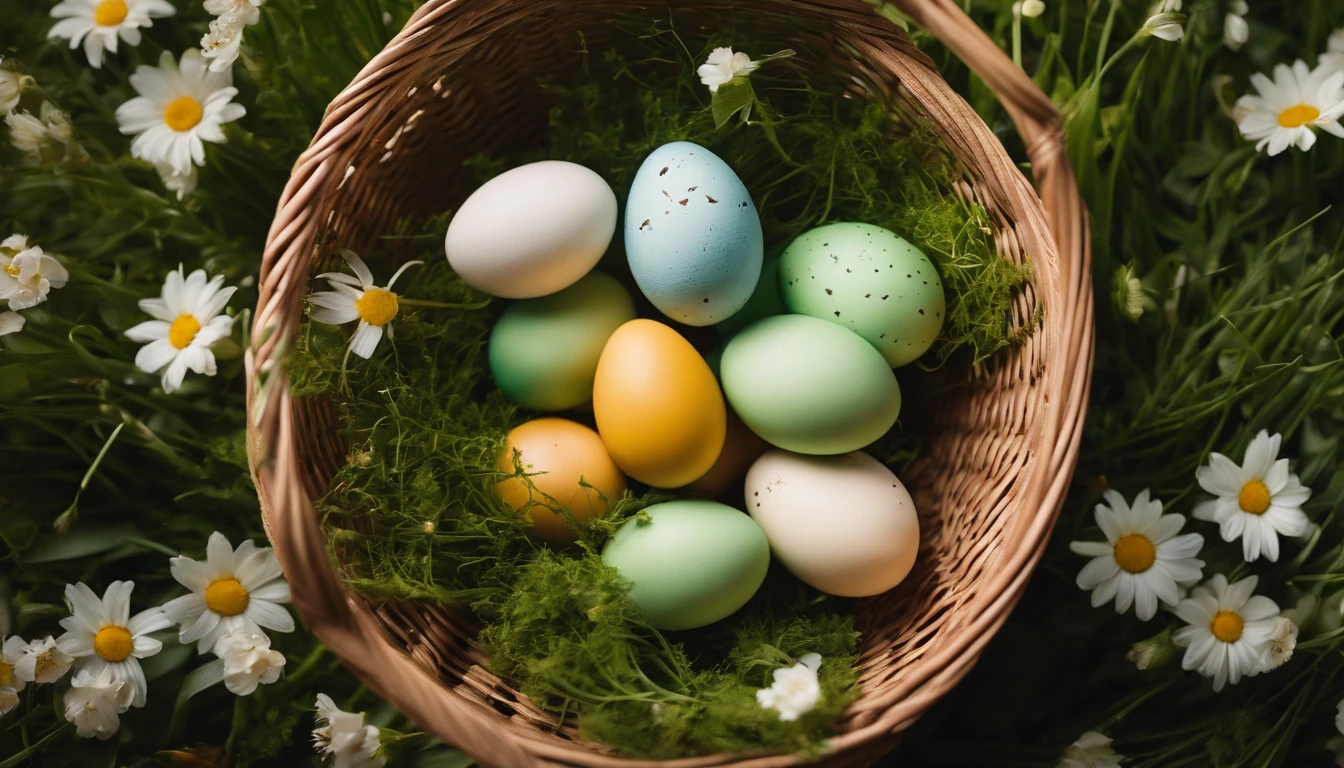 a top-down shot of a basket filled with Easter eggs, surrounded by freshly bloomed flowers and green grass, creating a cheerful and festive atmosphere