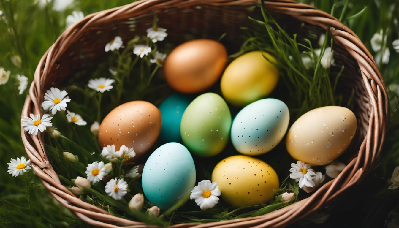 a top-down shot of a basket filled with Easter eggs, surrounded by freshly bloomed flowers and green grass, creating a cheerful and festive atmosphere