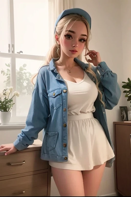 un primer plano de una persona vestida con una blusa blanca y una chaqueta vaquera, Chica joven y linda, linda joven, Ella tiene una cara linda, linda joven, Su vestuario es atractivo, Pose atractiva, joven hermosa amouranth, chaqueta de jean, Chica de anime en la vida real, 19 year old girl, tocando su ropa