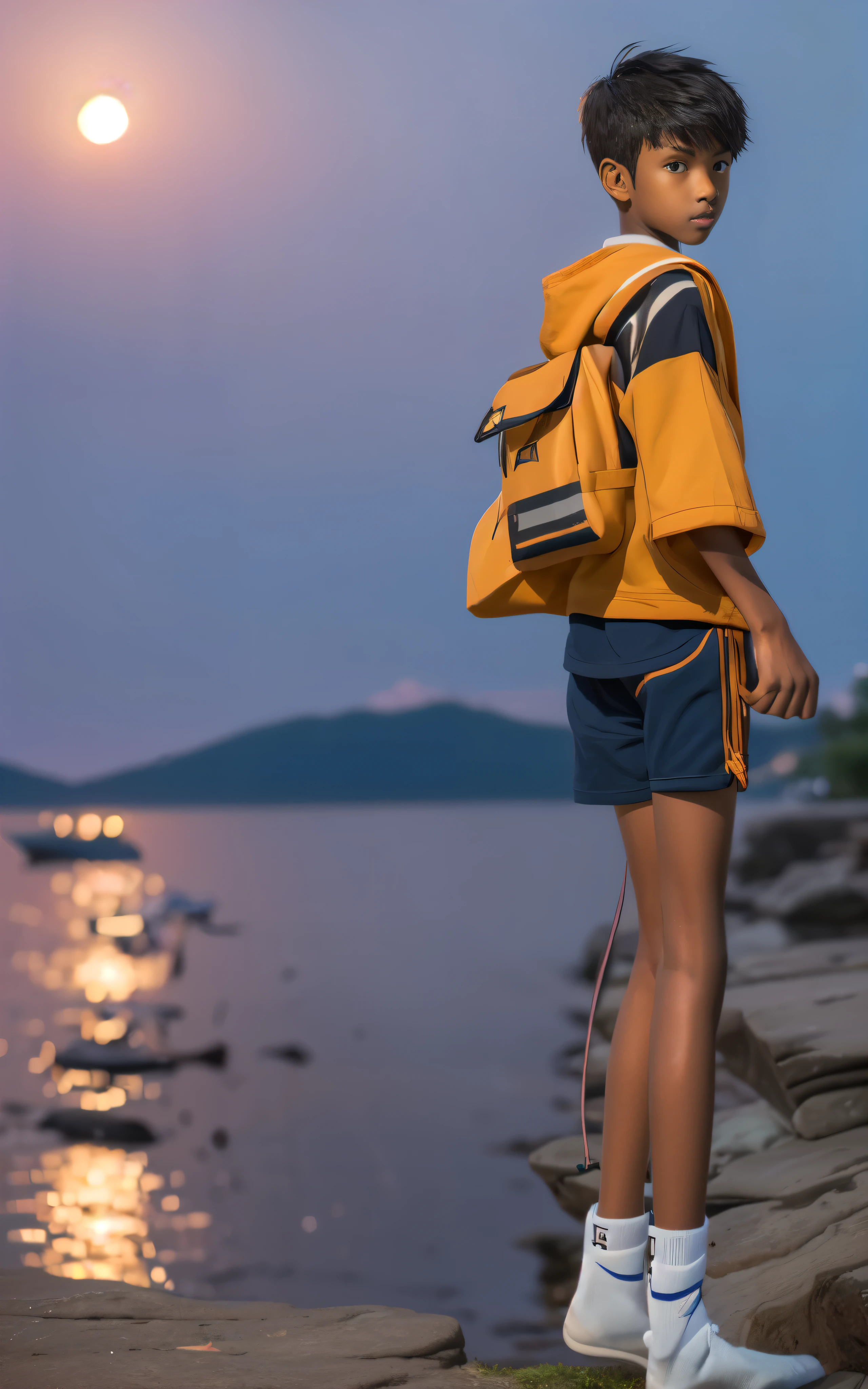 12 year old boy,Bronzed skin,Dark blue shorts,Orange coat,largeeyes,Very short hair,tall and lanky skinny,fully body photo,A junior high school student,Toothy smile,Wear white socks,realistic person,Highest image quality,8K,Pluto background,Above the Moon