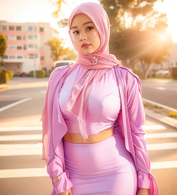 a woman in a pink scarf and skirt standing in a parking lot, pastel pink skin tone, beautiful female, mia khalifa, hijab(bra line), beautiful aesthetic, shot at golden hour, taken at golden hour, muslim, light skin, white and light-pink outfit, pastel pink, inspired by Maryam Hashemi, casually dressed, sara ali, african ameera al taweel