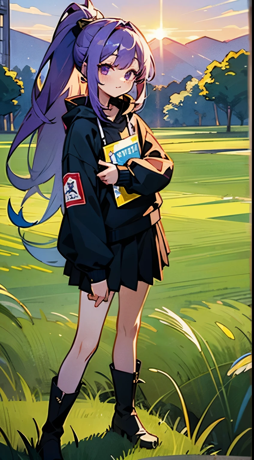 grass field，the sunset，Long purple hair，Purple eye，Black sweatshirt，laughingly，8K分辨率，a black pleated skirt，black over-the-knee socklack Martin boots，High ponytail