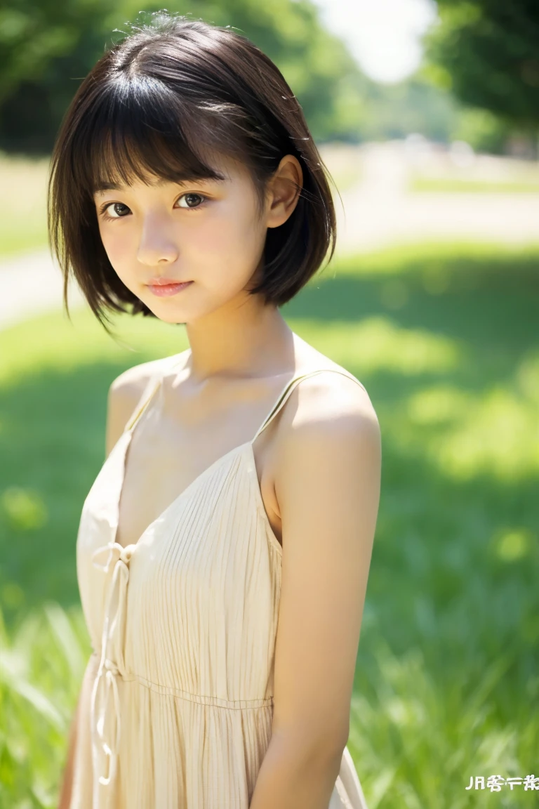 Beautiful girl wearing a collarless summer dress、sixteen years old、japanes、Wheat-colored　The skin、heavy wind、Short black hair、少し日焼けしたThe skin、Black、