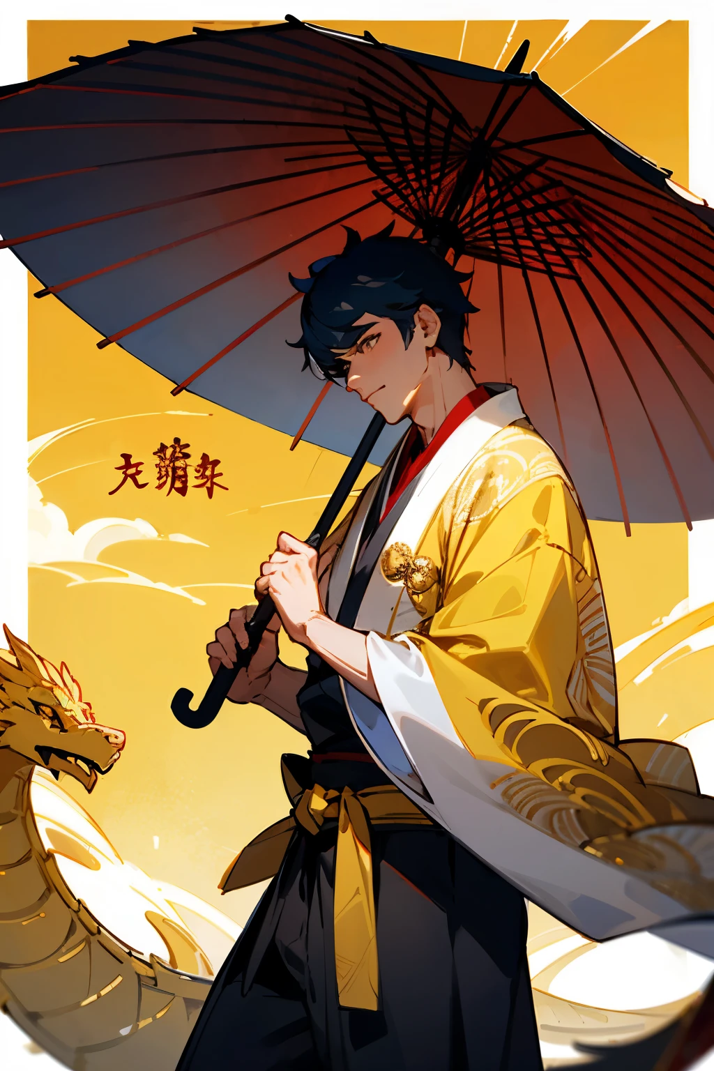 male people、handsome、short detailed hair、Costume martial arts、Holding a golden umbrella、The umbrella handle is engraved with a golden dragon shape