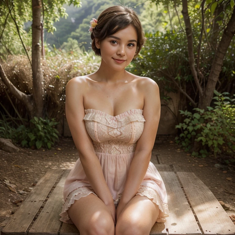 👄👄(Beautiful figure, plump) (Short hair, bob, cute bun: 1) (70s era, rococo style, strapless French style,) Thai women, RVs, nature, forests, mountains, trees, streams. Beautiful girl, clear skin, cute face, high, ridged nose (clear face, multi-colored pastel dress, lace, applied Thai design, short) lace ruffle dress, thin, very short skirt, pink, yellow) (cute pose ), realistic images High resolution 64k images 3D picture, old era photo, very clear, macro lens, (( movie light )) (( front view )) cowboy shot (( full body medium shot )) (( sitting )) middle shot, smiling, happy 💓💓💓