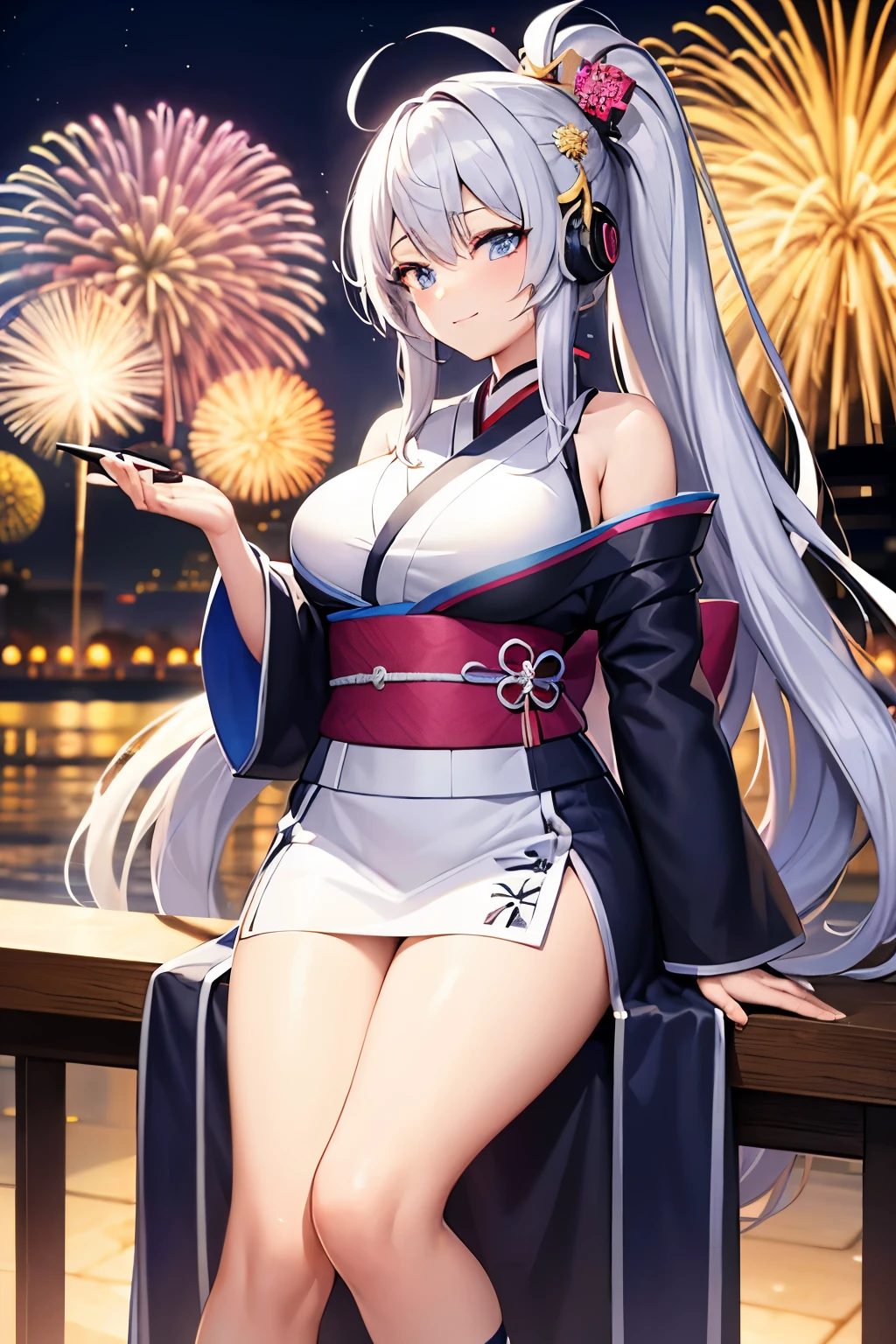 "anime girl, 1 person, silver white hair mixed with black, blue eyes, wearing headphones, women's kimono, same kimono, big breasts, holding cotton candy, long socks, standing cross-legged, shy smile, side view  , festival, New Year's Eve fireworks, watch fireworks, solo(full HD Image 4K+)"