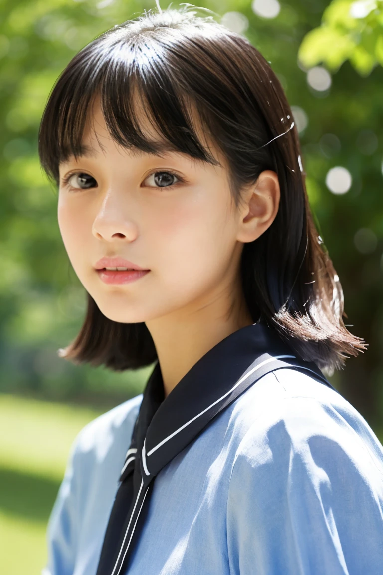 Beautiful girl wearing a collared summer dress、sixteen years old、japanes、Wheat-colored　The skin、heavy wind、black hair square cut、少し日焼けしたThe skin、Black、