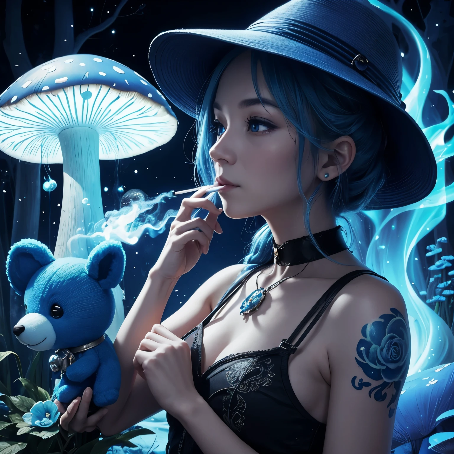 with a blue background、An old woman smoking a cigarette with a mushroom tattoo on her arm、blue bear cub,, Breathtaking and fantastic renderings, within radiate connection, inspired by Kinuko Y. craft,, elements of a spell, ,mushroom forest、Mushroom piercing、Lunette de soleil、blue eyes wow, is beautiful, Multi-cast colorful spells, bright The Flash, The Flash