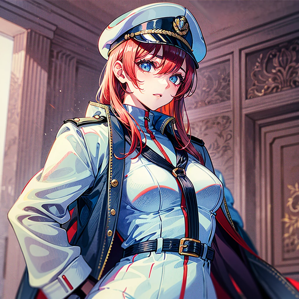（（（​masterpiece）））、（（（Top image quality）））、（（（top-quality）））、（（（highly detailed unity 8ｋwall-paper）））、（Illustration of one woman）、30-years old、（Viceroy）、（（Red-haired shorthair））、（Thin hair hanging down both sides of the face）、Blue eyes、（（Tall））、（（Muscle Woman、stocky build、muscular legs、broad shoulders、solid chest））、（（Military uniforms））、（（Military Cap））、（（Military coat））、（white  clothes）、（White pants）、（White cap）、trench coat、（（Inside the spaceship））