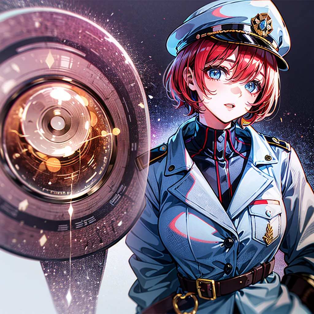 （（（​masterpiece）））、（（（Top image quality）））、（（（top-quality）））、（（（highly detailed unity 8ｋwall-paper）））、（Illustration of one woman）、30-years old、（Viceroy）、（（Red-haired shorthair））、（Thin hair hanging down both sides of the face）、Blue eyes、（（Tall））、（（Muscle Woman、stocky build、muscular legs、broad shoulders、solid chest））、（（Military uniforms））、（（Military Cap））、（（Military coat））、（white  clothes）、（White pants）、（White cap）、trench coat、（（Inside the spaceship））