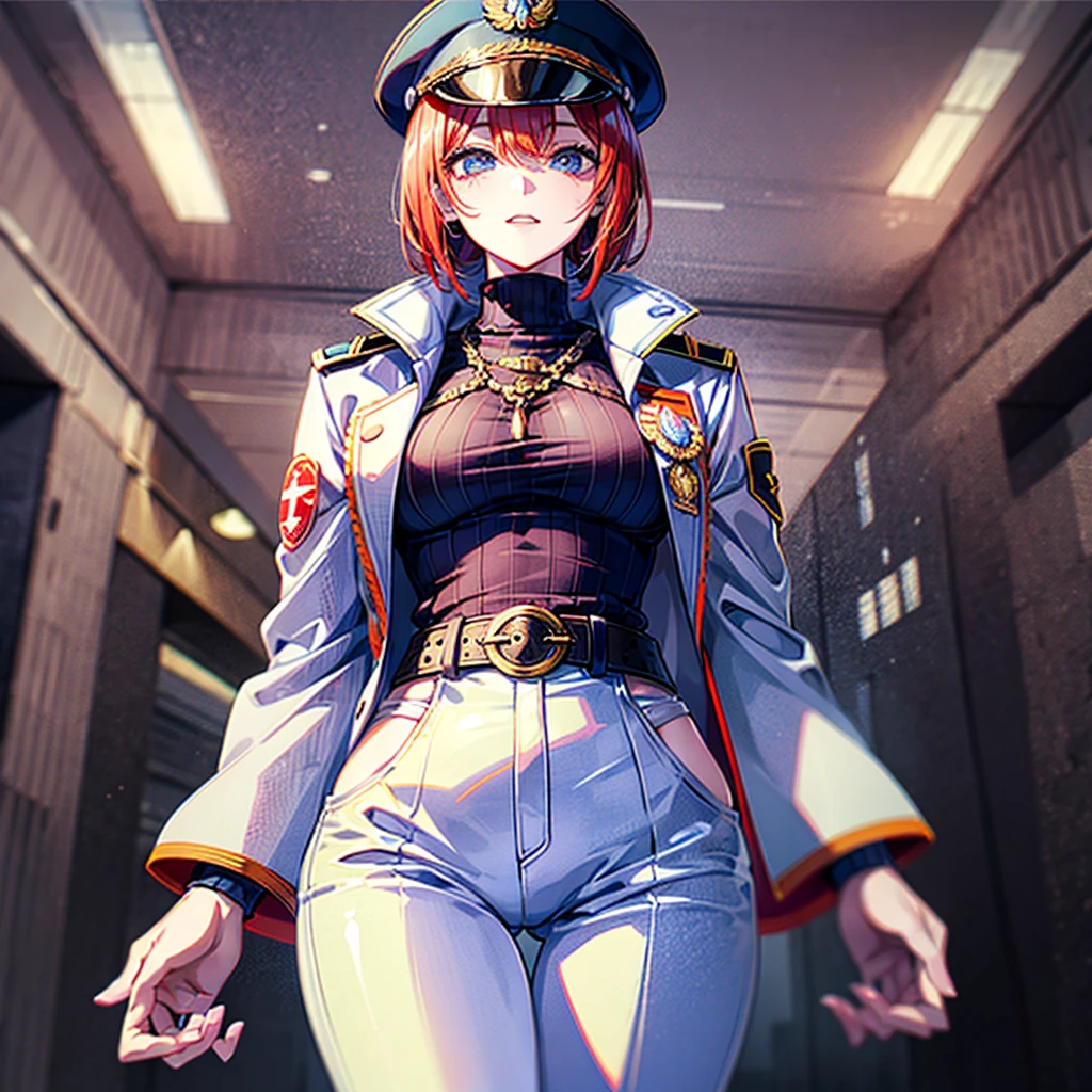 (((masterpiece)))、(((Top image quality)))、(((top-quality)))、(((highly detailed unity 8kwall-paper)))、(Illustration of one woman)、30-years old、(Viceroy)、((Red-haired shorthair))、(Thin hair hanging down both sides of the face)、Blue eyes、((Tall))、((Muscle Woman、stocky build、muscular legs、broad shoulders、solid chest))、((Military uniforms))、((Military Cap))、((Military coat))、(white clothes)、(White pants)、(White cap)、trench coat、((Inside the spaceship))