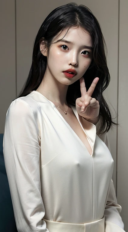 30 years old woman, bokeh, (photorealistic:1.4, realistic), highly detailed CG unified 8K wallpapers, 1girl, ((slender body:0.8)), ((small :0.8)), looking at viewer, (HQ skin:1.4), 8k uhd, dslr, soft lighting, high quality, film grain, Fujifilm XT3, Best quality, masterpiece, ultra high res, (photorealistic:1.4), raw photo,1girl, solo, realistic, lips, black hair, looking at viewer, black eyes, teeth, long hair, hair over one eye, parted lips, nose, brown hair, simple background, brown eyes, (((tongue out:1))), ((peace sign finger)), ((eye roll:1)), ((face through torso:1))