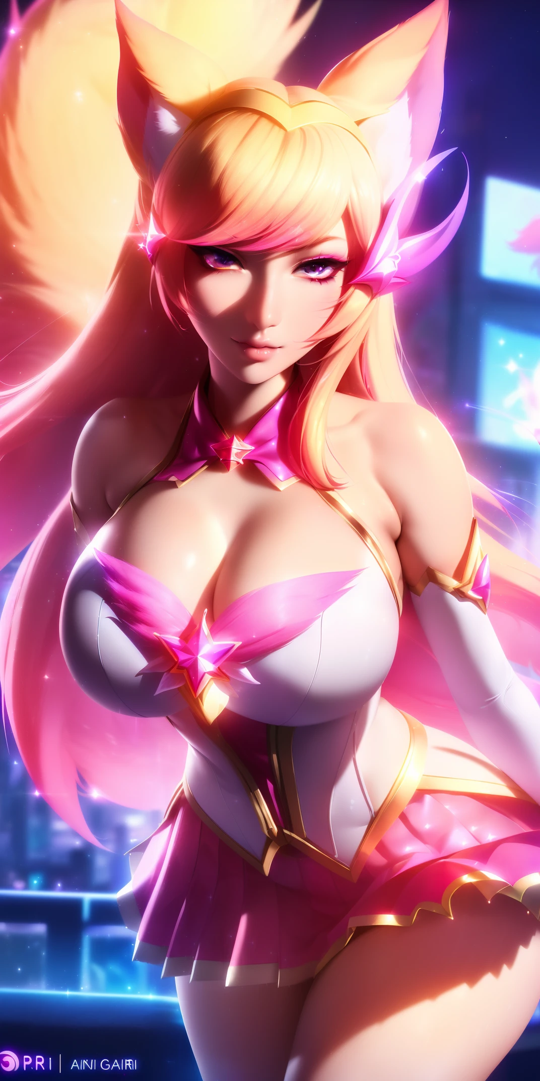 Medium and round breasts, Ahri is beautiful ((Ahri is a nine-tailed fox)), (blonde hair colored in pink tones, long and flowing and shiny), double eyelids, purple eyes, clear and detailed, hyper detailed, light effect on the eyes, detailed iris, sensual body, ((Star Guardian Ahri's standard clothing in white and red, red pleated skirt, details of Ahri's clothing, sparkling boots, beautiful and cool)), cleavage, ((work -prime, hyper realistic, hyper detailed, best quality, 16k, light and shadow on the skin, vivid colors), eyeliner, thin eyebrows, sensual expression, perfect lips, innocent and sexy face, ((skin with light and shadow), woman beautifully seductive and embarrassed, passionate expression, cute smile ((Ahri she is beautiful, with a slender body)), flirting with the viewer, beautiful, charming, on the terrace of a building, billboard, neon lights on the buildings ((variable sensual poses inclined)) ((Star Guardian Ahri))