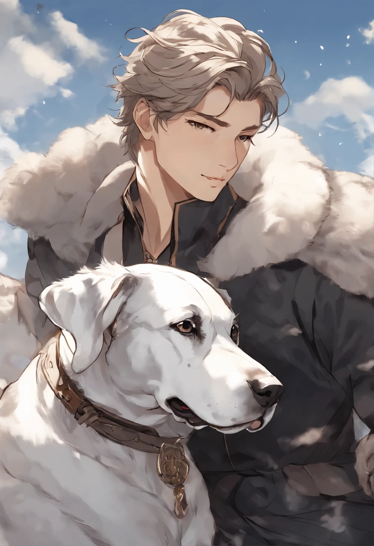 close-up of a dog of the German DRG breed of merle color (white with black spots) hugs a person, A Great Dane dog walks on the clouds, fluffy clouds, casimir art, illustration of shigenori soejima, boris valejo. Smiling Great Dane dog, detailed anime character drawing, подробный anime key figure, Granblue Fantasy, Beautiful owl in demon slayer art, Taisho Roman, Clear RPG portrait, Masamune Shiro, anime key figure