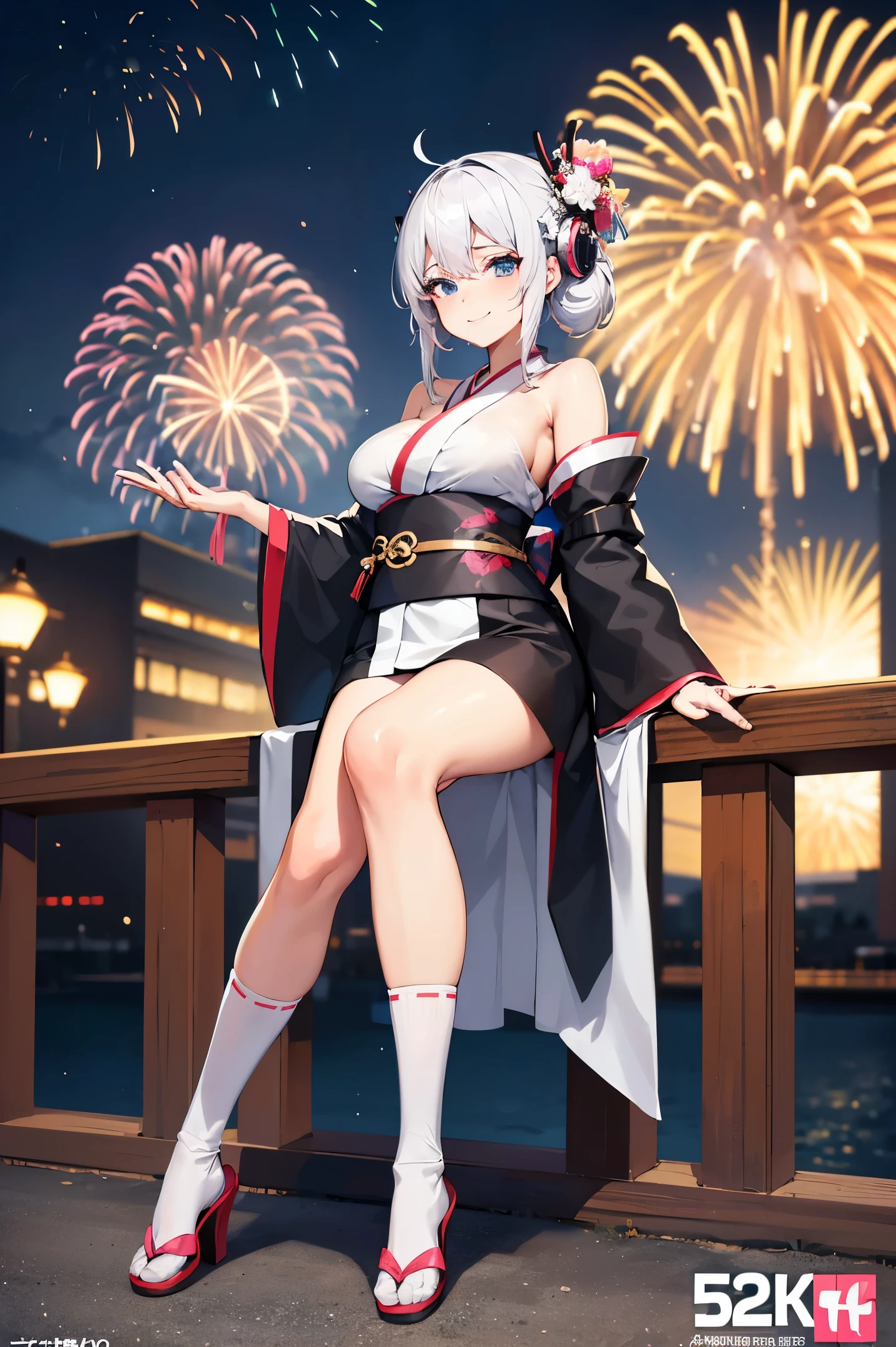 "anime girl, 1 person, silver white hair mixed with black, blue eyes, wearing headphones, women's kimono, same kimono, big breasts, holding cotton candy, long socks, standing cross-legged, shy smile, festival, New Year's Eve fireworks, watch fireworks, solo(full HD Image 4K+)"