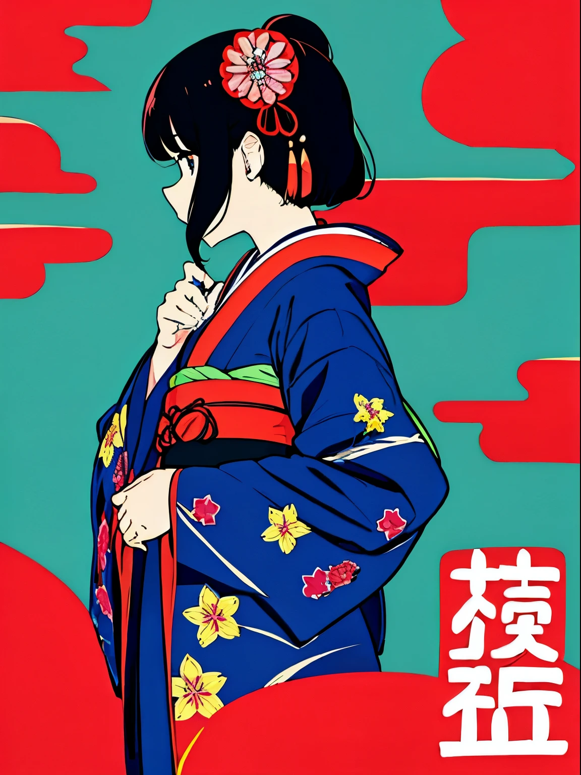 kimono、komono、moderno、profile、A Japanese style、colourfull、Black hair okata、New Year's card、Poster style、Year of the dragon