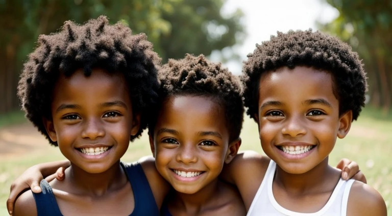 two children, meninos negros, dez anos, imagem de meio corpo, background branco, sorridentes, dentes perfeitos