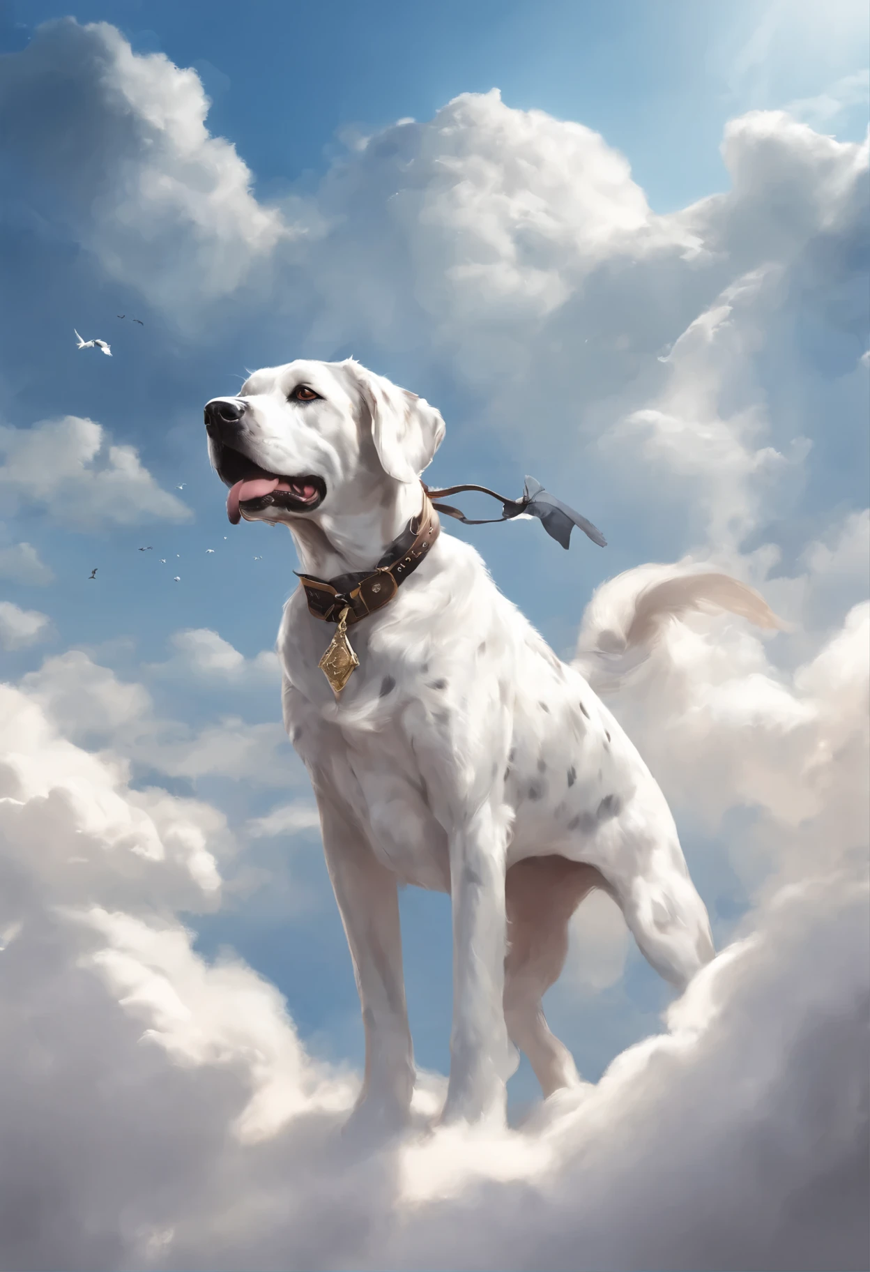 close-up of a dog of the German DRG breed of merle color (white with black spots) hugs a person, A Great Dane dog walks on the clouds, fluffy clouds, casimir art, illustration of shigenori soejima, boris valejo. Smiling Great Dane dog, detailed anime character drawing, подробный anime key figure, Granblue Fantasy, Beautiful owl in demon slayer art, Taisho Roman, Clear RPG portrait, Masamune Shiro, anime key figure