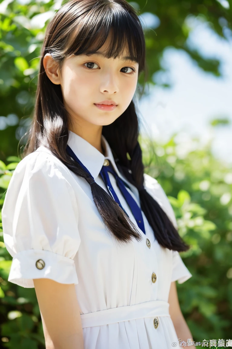 Beautiful girl wearing a collared summer dress、sixteen years old、japanes、Wheat-colored The skin、heavy wind、Black hair cut for 5 minutes、少し日焼けしたThe skin、Black、