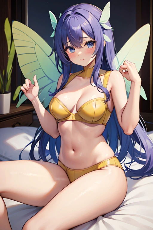 ((Best Quality)), ((Masterpiece)), (detailed), purple hair, blue eyes, hair ornament, ((butterfly wings)), (((yellow bra))), (((yellow underwear))), (((yellow lingerie))), sexy, large breast, bed