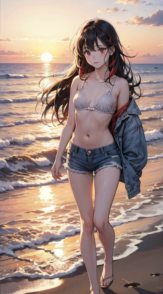 (Best Quality,4K,High resolution),outside of house,the setting sun,Background,Standing on the beach,bare-legged,A refreshing morning,glimmering light,Fixing his gaze on the sea,Eyes looking into the distance,Look away,Cold eyes,stroll,Refreshing color quality,4K,High resolution), Delicately expressed illustrations with realistic details,the beach,kawaii,looking away from camera,Staring at the edge of the waves,Shoku,Long straight hair with red highlights on black hair,Delicately expressed clear eyes,sharp eye,see through cardigan,Bikini bra,denim short leg,Sunset background,穏やかな波とthe setting sun,人里離れたthe beachを歩く,End of summer,Summer melancholy,comic strip,animesque,Comical illustration,細部まで繊細に描かれたリアルなkawaiiイラスト,Lit up